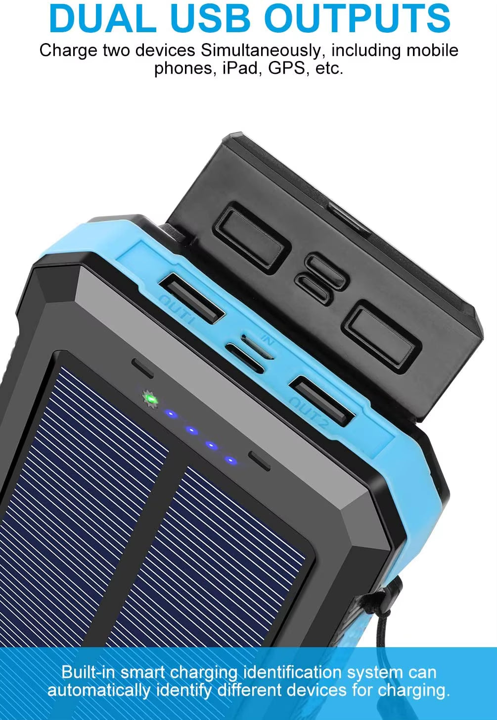 Outdoor Camping Solar Power Bank 20000Mah Dual USB Travel Built-In LED Flashlight Type-C Input Power Bank Solar