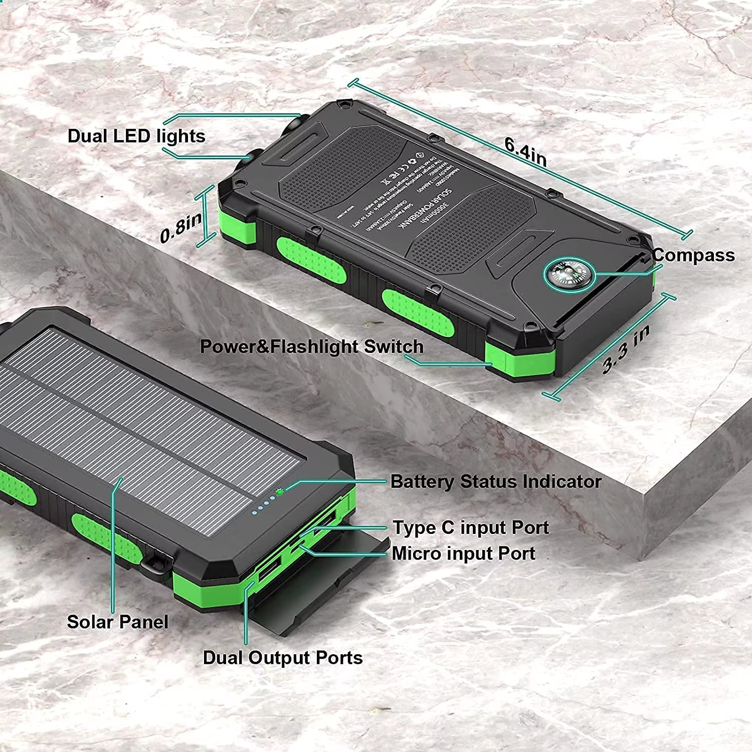 Outdoor Camping Solar Power Bank 20000Mah Dual USB Travel Built-In LED Flashlight Type-C Input Power Bank Solar